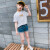 子供服の女の子Tシャツ2019新型の半袖春の服の子供达の韩国版の动きた豹の纹様の正方形のプロリングの打地の中で大き子供の女の着地の短いアイテムのゆった打ち地の上の白の110