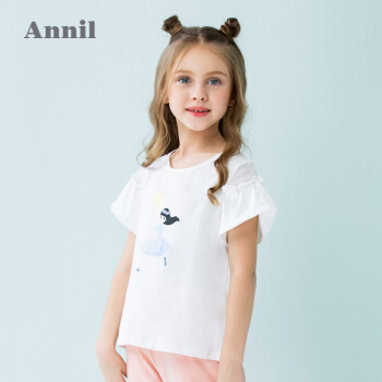 アンネの子供服の半袖Tシャツ薄い2019夏の服の新しい女性の子供網の糸は丸首のTシャツの上にある米白の130 cmをつなぎゃっと合わせます。