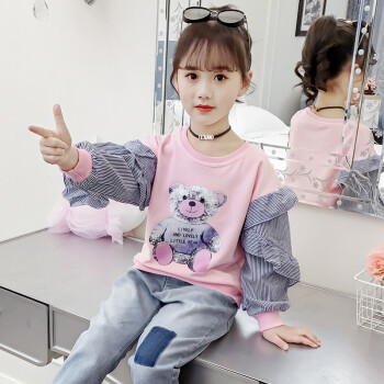 子供服の女の子Tシャッツの长袖2019年服の新型子供供バートの中の大きな子供供のゆったたたぼたぼたの上の韩国版の上のピンクの160は身长の1455-55 CMに适します。